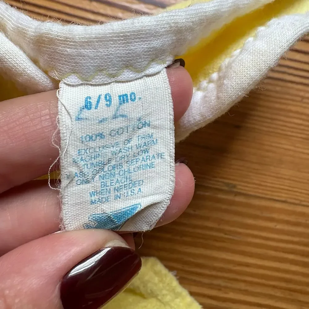 Vintage yellow white terry cloth‎ owl peek a boo snap vest shorts set SIZE 6-9M